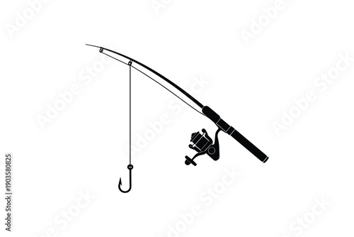Modern fishing rod with spinning reel and sharp hook isolated silhouette for outdoor hobby and sport activity