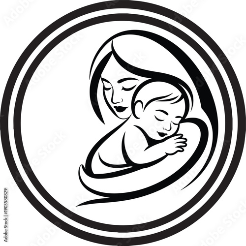 Stylized Black and White of Mother Embracing Sleeping Baby