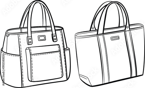 Handbag fashion illustration, technical drawing, front pocket, side pockets, vertical seams, double handles, logo area, design comparison, cad drawing flat vector illustration