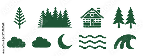 Green nature forest cabin clouds moon waves trees set isolated