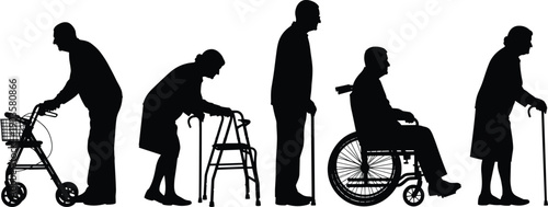 Set of black silhouettes of elderly people men and women using wheelchairs walkers and canes isolated on white background for senior care concept (22 words)
