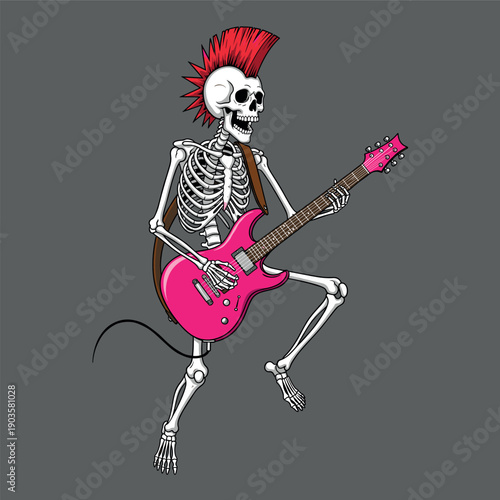 Cool punk rock skeleton vector illustration with red mohawk playing pink electric guitar for music posters festival branding alternative fashion and edgy tattoo design.