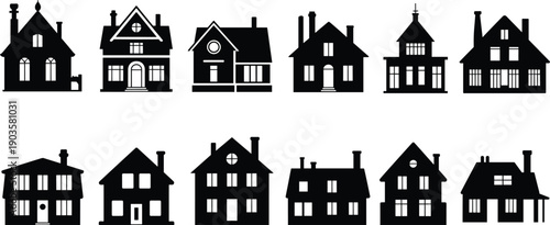 House silhouettes, architectural design, roof styles, window placements, chimneys, structural shapes, residential buildings, urban housing, diverse architecture, cad drawing flat vector illustration