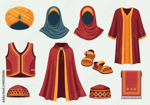 Collection of illustrated Middle Eastern or South Asian traditional clothing and accessories