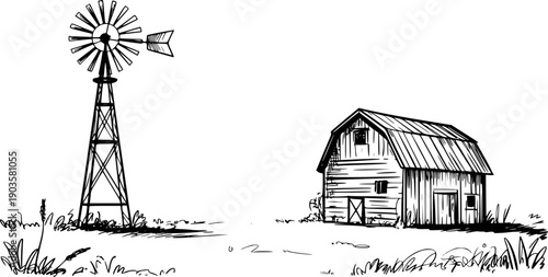 Hand drawn of a rustic barn and windmill in a grassy field rural farm