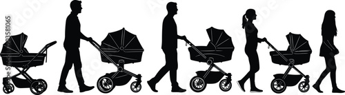 Set of black silhouettes of travelers men and women walking and standing with suitcases luggage and backpacks isolated on white background for travel concept