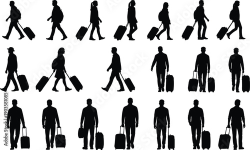 Set of black silhouettes of men and women travelers walking and standing with suitcases luggage and backpacks isolated on white background for travel concept (24 words)
