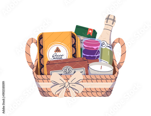 Gift basket with food treats and champagne bottle. Woven box with gourmet snacks, sweets, cookies, wine. Festive present package with ribbon. Flat vector illustration isolated on white background