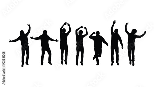 Silhouettes of people dancing in a line with their arms raised Vector