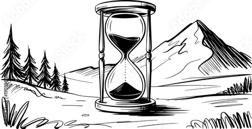Hourglass in a mountain landscape with pine trees and flowing sand time