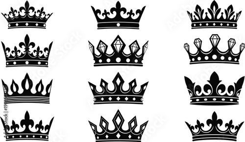 Set of various black vector crown silhouettes featuring royal king and queen headgear symbols arranged in rows isolated on a plain white background.