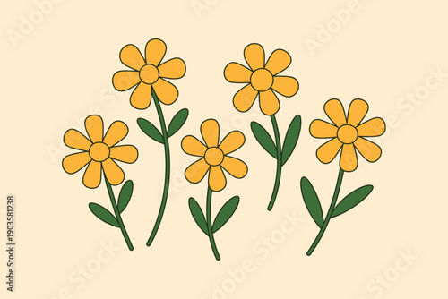 Retro yellow daisies with green stems and leaves a light beige background daisy flower