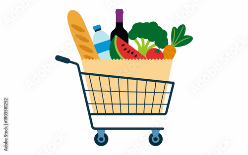 Shopping cart filled with fresh groceries including bread watermelon broccoli tomato carrot and wine bottle