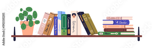 Book shelf with fiction, nonfiction, encyclopedias, textbooks stacks. Home library, literature on bookshelf for education. Volume spines, plant. Flat vector illustration isolated on white background