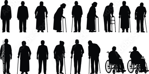 Large Silhouette Collection of Senior Citizens Featuring Elderly Men and Women Using Walking Canes Rollators and Wheelchairs for Mobility Support in Geriatric Healthcare Service Concepts
