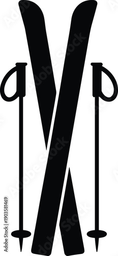 Ski equipment silhouette, crossed skis, ski poles, winter sport symbol, alpine design, snow activity, outdoor recreation, cad drawing flat vector illustration