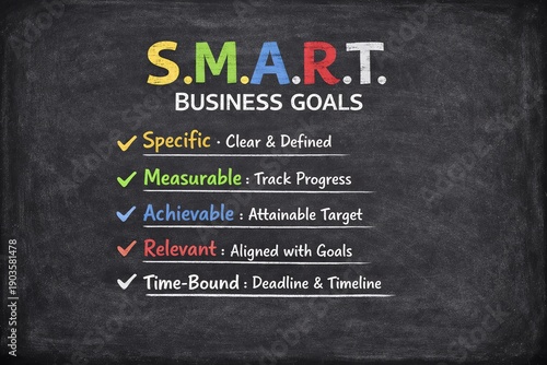 S.M.A.R.T. business goals are outlined on a chalkboard background, with each letter color-coded