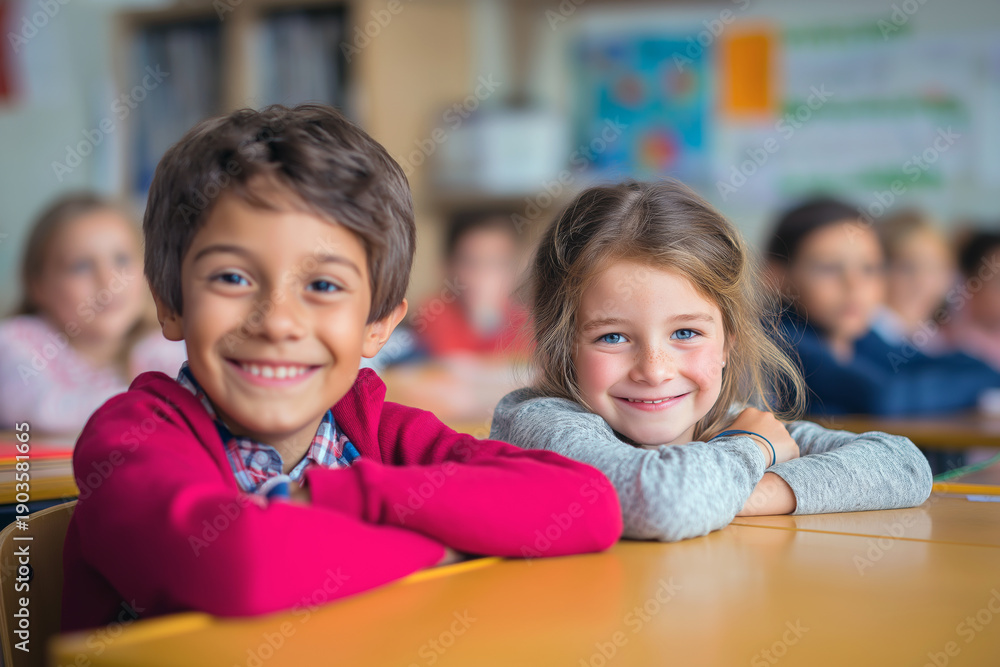 Obraz premium Happy elementary classmates sitting at desks and smiling, friendly school atmosphere