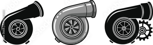 Turbocharger icons set with automotive turbine compressor parts solid and outline styles minimal vector illustration design