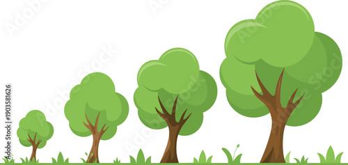 Tree growth illustration, environmental concept, foliage circles, brown trunk, green leaves, grass strip, nature progression, development stages, cad drawing flat vector illustration