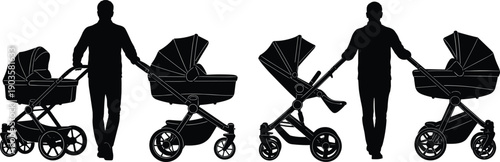 PDiverse Silhouette Collection of Parents Walking with Baby Strollers and Prams Featuring Fathers Pushing Carriages for Early Childhood Parenthood and Family Care Concept Designs