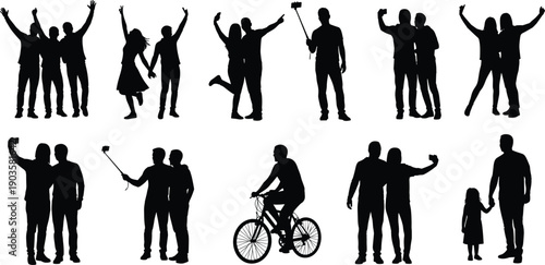 Diverse Silhouette Collection of People and Couples Taking Selfies with Smartphones and Selfie Sticks Including a Cyclist and Families Representing Modern Social Media Connectivity