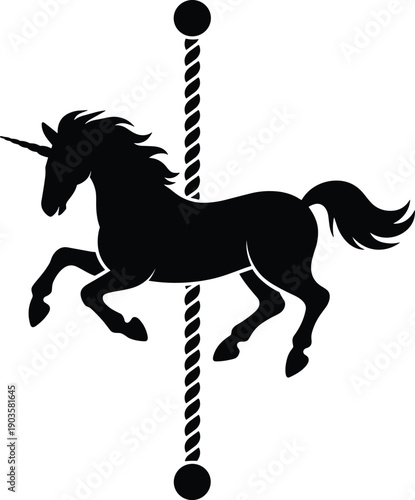 Unicorn silhouette, carousel horse, whimsical ride, fantasy creature, amusement park, magical pony, fairground attraction, childhood nostalgia, vector art, cad drawing flat illustration