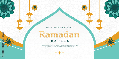 arabic islamic luxury white horizontal ramadan or ramadhan banner with islamic arabic pattern for eid al fitr ramzan mubarak background, turquoise mosque dome shape, gold text and lantern