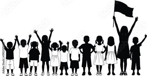 Diverse Group of Children Silhouettes Standing Together with Raised Hands and Holding a Flag Representing Education Patriotism Youth Celebration and School Community Success