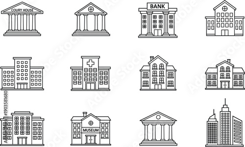 Outline institutional building icons vector set with courthouse bank museum hospital school and government architecture symbols