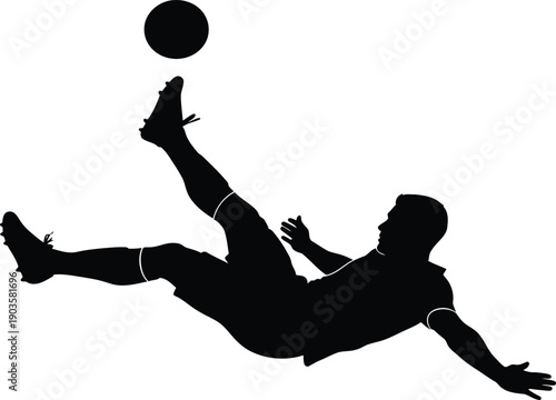 A soccer player performing an acrobatic kick in mid-air.
