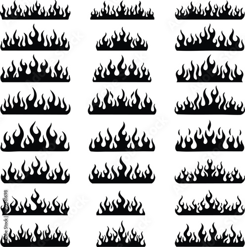 Thirty-two black silhouette flame arranged in a grid on a white background fire burn
