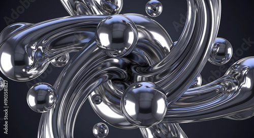 Abstract 3D renders imitating the shapes of liquid metal or mercury. Flowing amorphous chrome forms a futuristic element of contemporary design