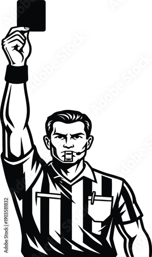 Referee showing a black card to a player in a sports match.