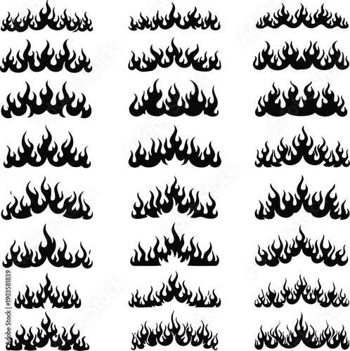 Thirty-two black silhouette flame arranged in a grid on a white background fire burn