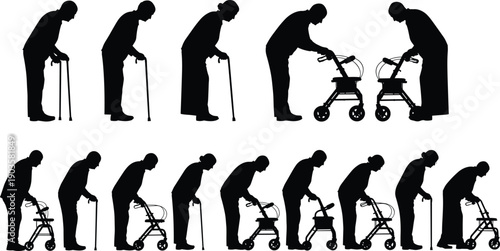Senior Citizen Silhouette Collection Featuring Elderly Men and Women Using Walking Canes and Rollator Walkers for Mobility Support in Healthcare and Geriatric Care Concepts (25 words)