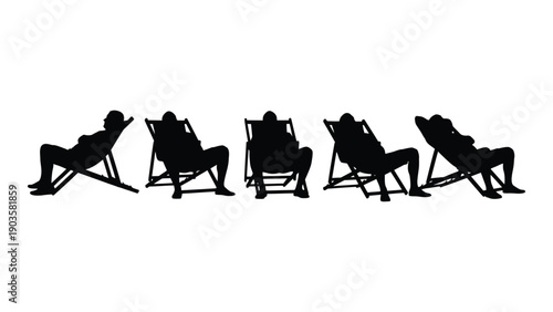Five silhouettes of people relaxing on recliners in a row. Vector
