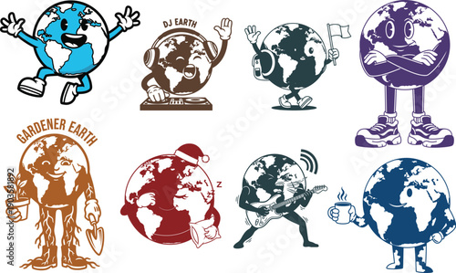 Earth cartoon mascot globe character bundle set