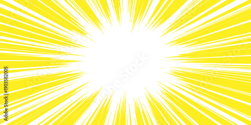 Abstract yellow vector illustration of a bright sunny sunburst design with orange rays and golden sunshine beams bursting across a hot summer sky at sunrise