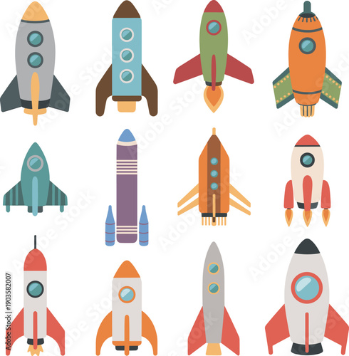cartoon rocket spaceship collection flat vector illustration colorful space shuttle set retro sci fi launch vehicle clipart design,