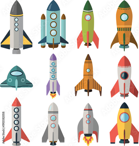 cartoon rocket spaceship set flat vector illustration colorful space shuttle collection retro sci fi launch vehicle clipart design pack,
