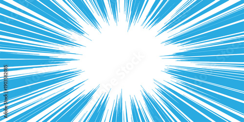 An abstract blue vector illustration featuring a bright sunburst pattern with glowing sunlight beams and starburst rays exploding across a summer sky backdrop design
