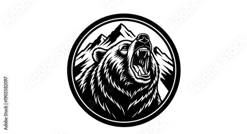 Roaring Bear Head Emblem with Mountains, Black and White Circle Icon