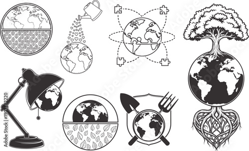 Autism Awareness Earth Puzzle Growth Icon Vector Set