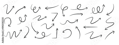 Hand drawn Arrows doodle icons set. Curved cartoon arrows sketches collection. Flat and thin pointers illustrations. Scribble swirl arrow signs.