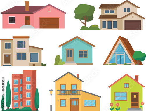 colorful modern residential houses collection flat vector illustration suburban home building set architecture exterior cartoon design isolated bundle,