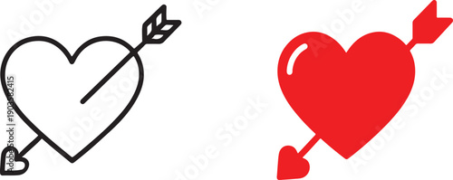 Pierced heart with arrow icon in outline, solid and red styles. Romantic love vector symbol.