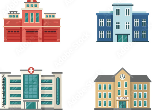 Public building icons vector set with hospital school academy and civic institutions colorful architecture illustration collection