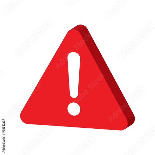 3D red warning triangle vector. Realistic caution sign with exclamation mark isolated on white. Hazard alert icon for danger, error messages, road safety and emergency.