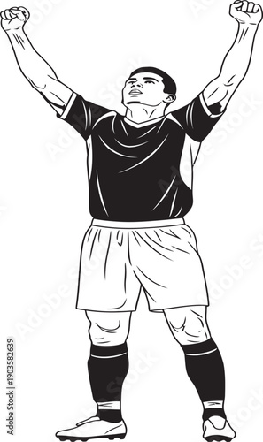 Triumphant soccer player celebrating a goal with raised arms and joyful expression.